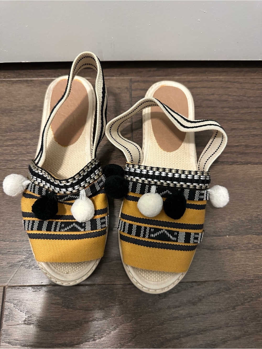 Mustard Yellow Pom Pom Slingback Sandals